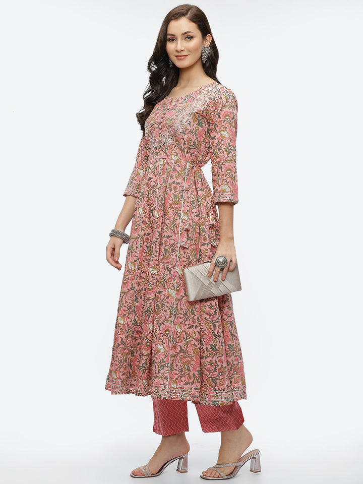 Gota Work Printed Cotton Anarkali Kurta With Pant