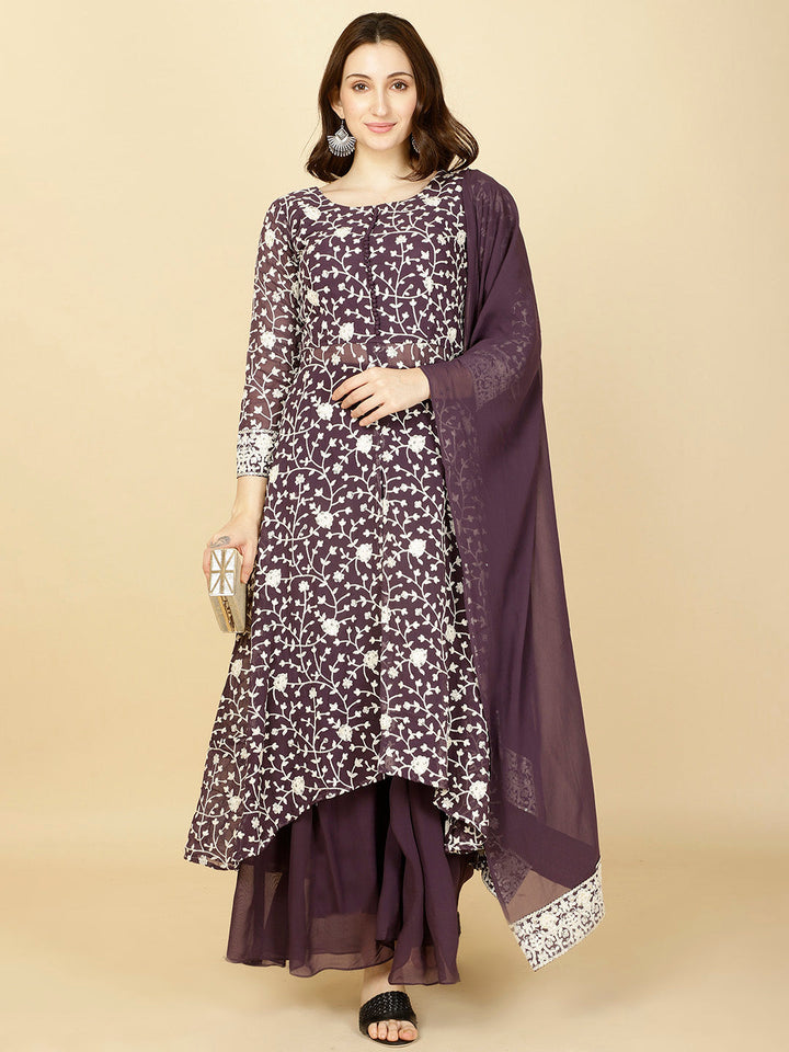 Resham Embroidery Georgette Kurta With Sharara &amp; Dupatta
