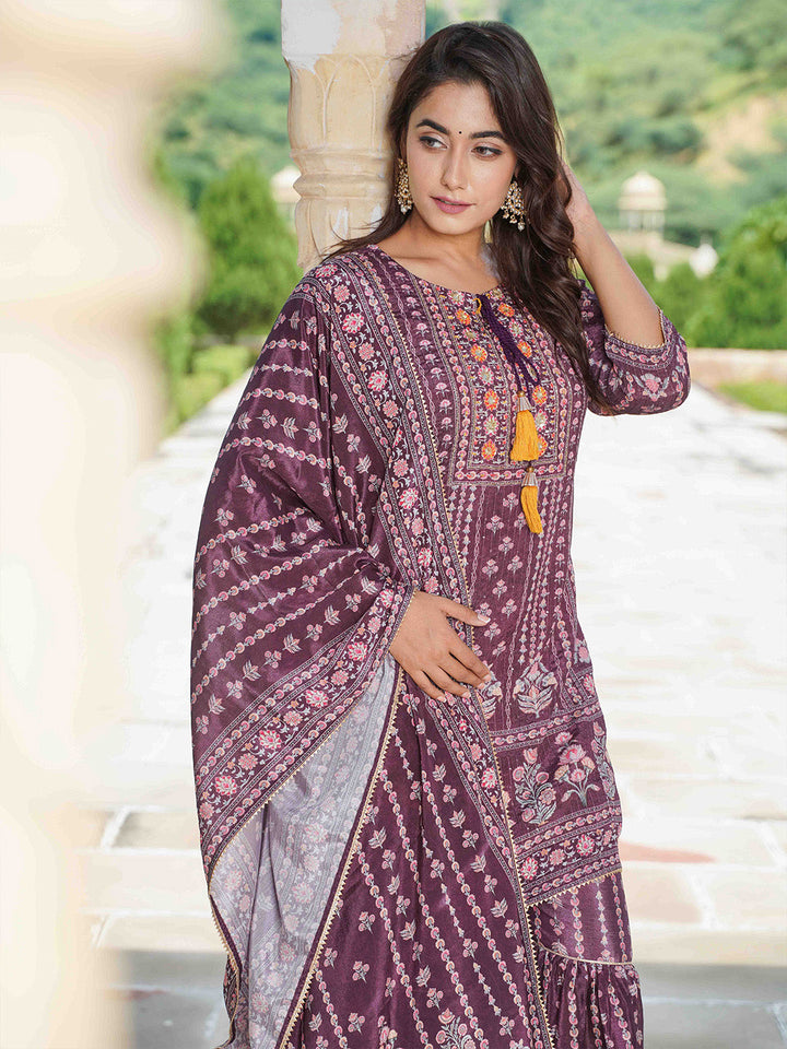 Floral Printed Crepe Kurta With Garara &amp; Silk Dupatta