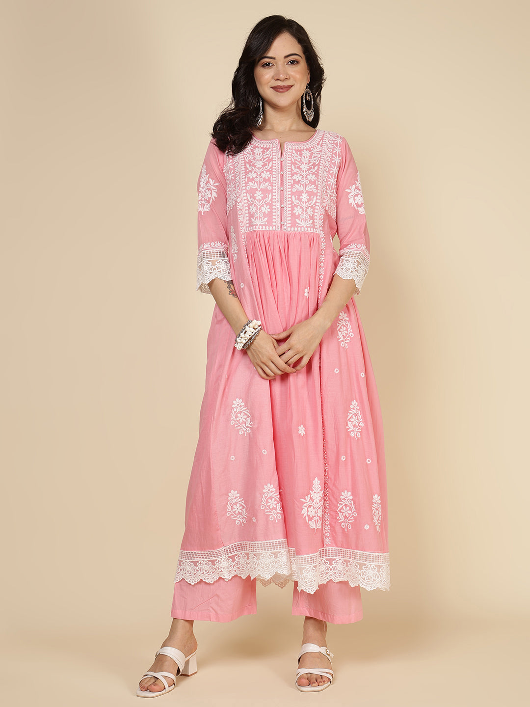 Embroidered Cotton Blend Kurta With Pants &amp; Dupatta