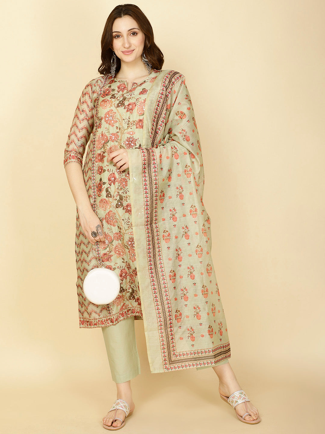 Floral Printed Chanderi Kurta With Pants &amp; Dupatta