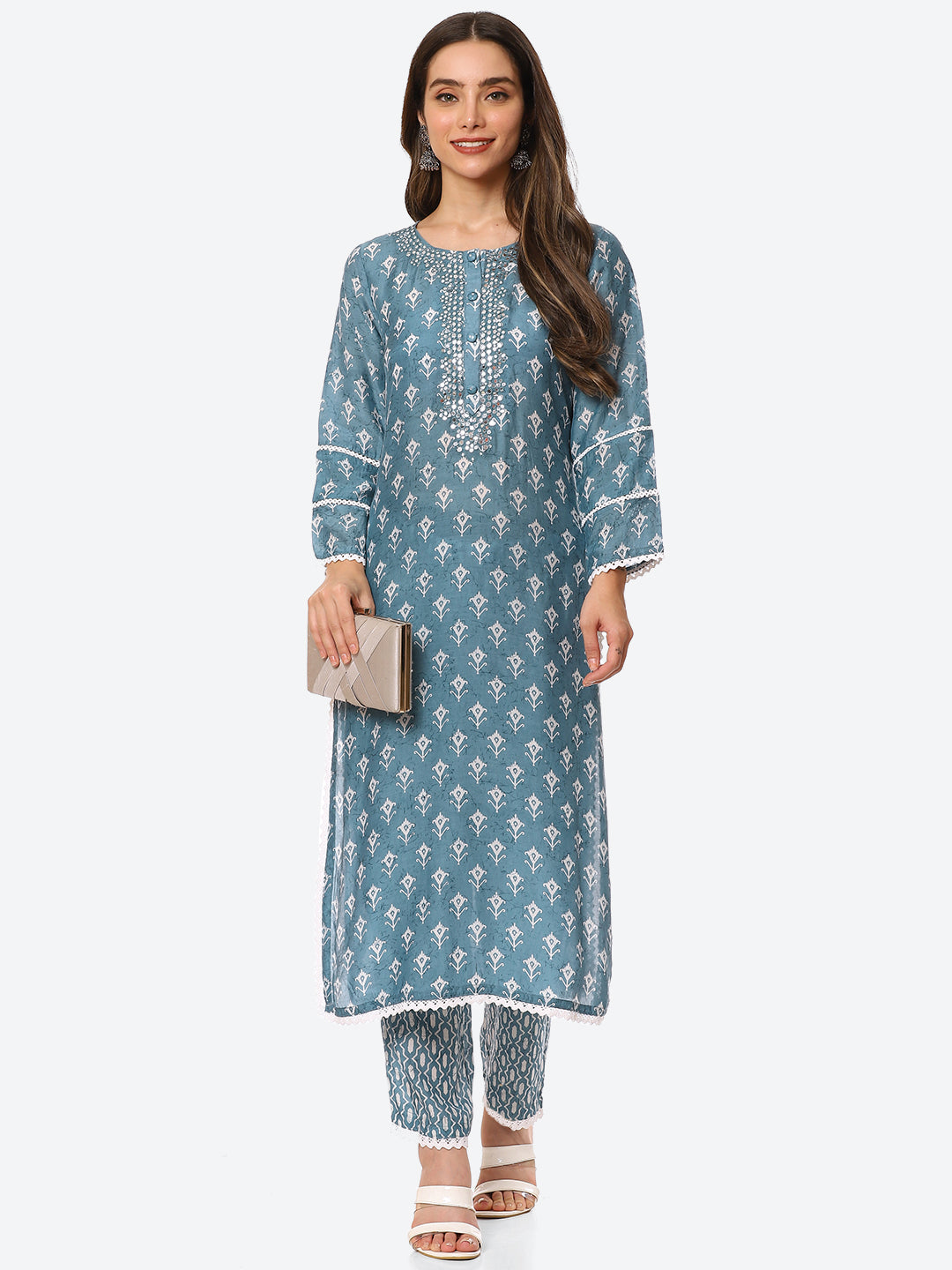 Printed Neck Embroidered Muslin Kurta With Pant