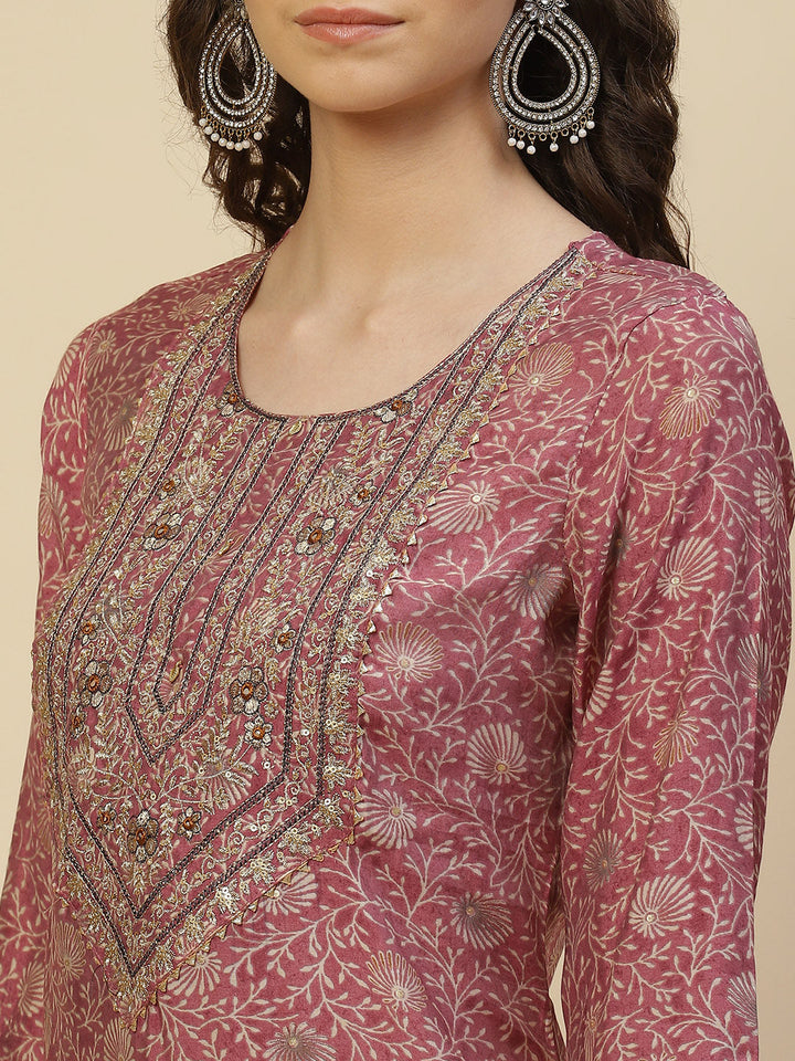 Floral Printed Cotton Kurta With Pants &amp; Dupatta