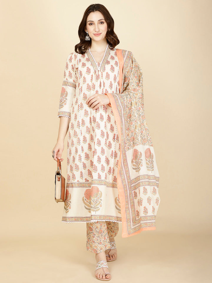Floral Block Printed Cotton Kurta With Pants &amp; Dupatta