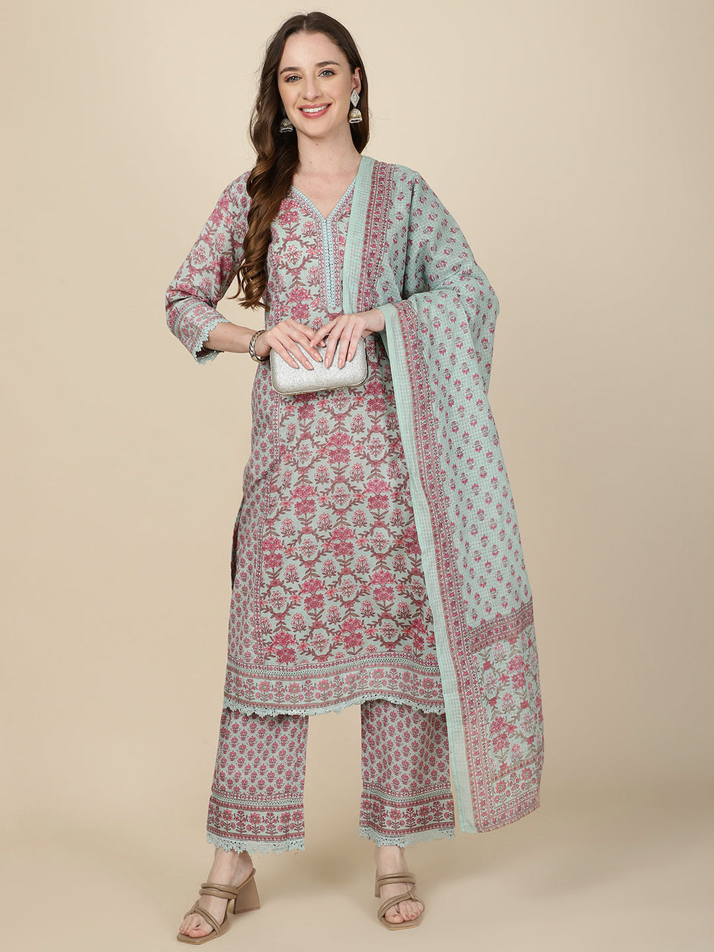Floral Printed Cotton Kurta With Pants & Dupatta