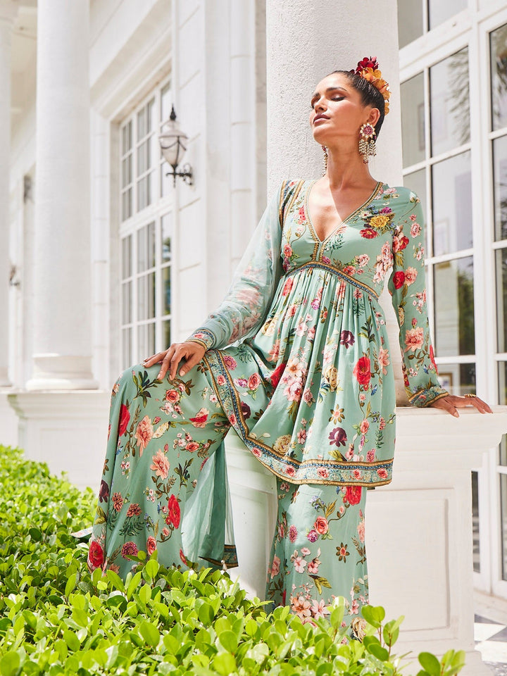 Floral Digital Printed Crepe Kurti With Sharara &amp; Net Dupatta