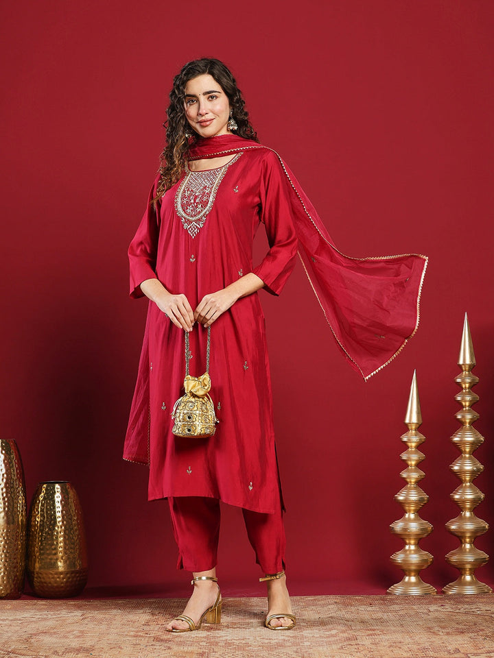 Embroidered Cotton Kurta With Pant &amp; Dupatta