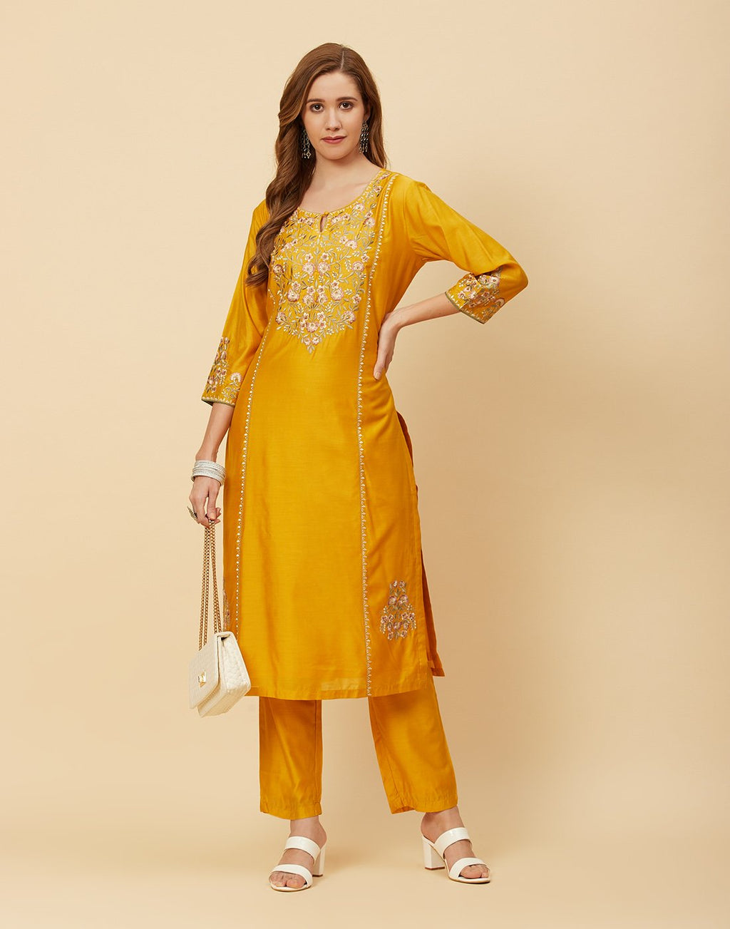 Embroidered Chanderi Kurti With Pant