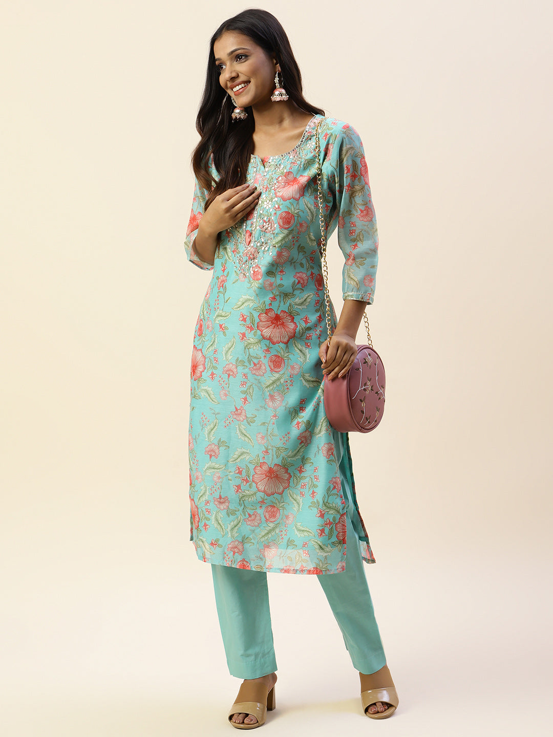Printed &amp; Yoke Embroidered Chanderi Kurta With Pants