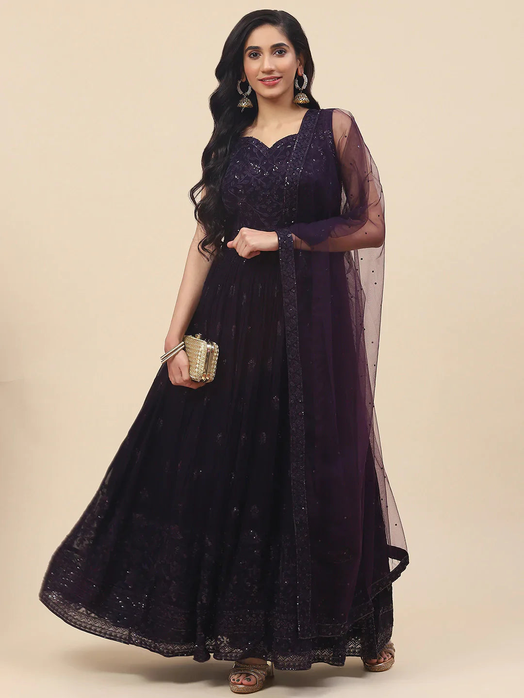 Resham Booti Embroidered Georgette Kurta With Churidar &amp; Dupatta