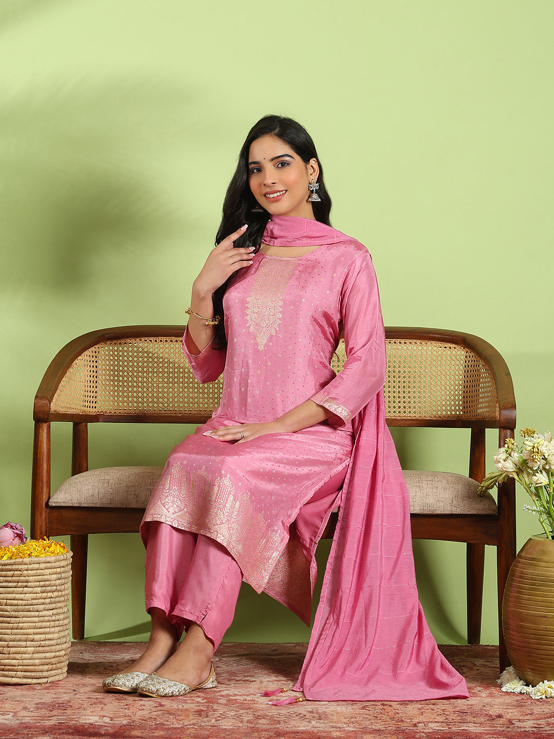 Embroidered Cotton Kurta With Pant &amp; Dupatta