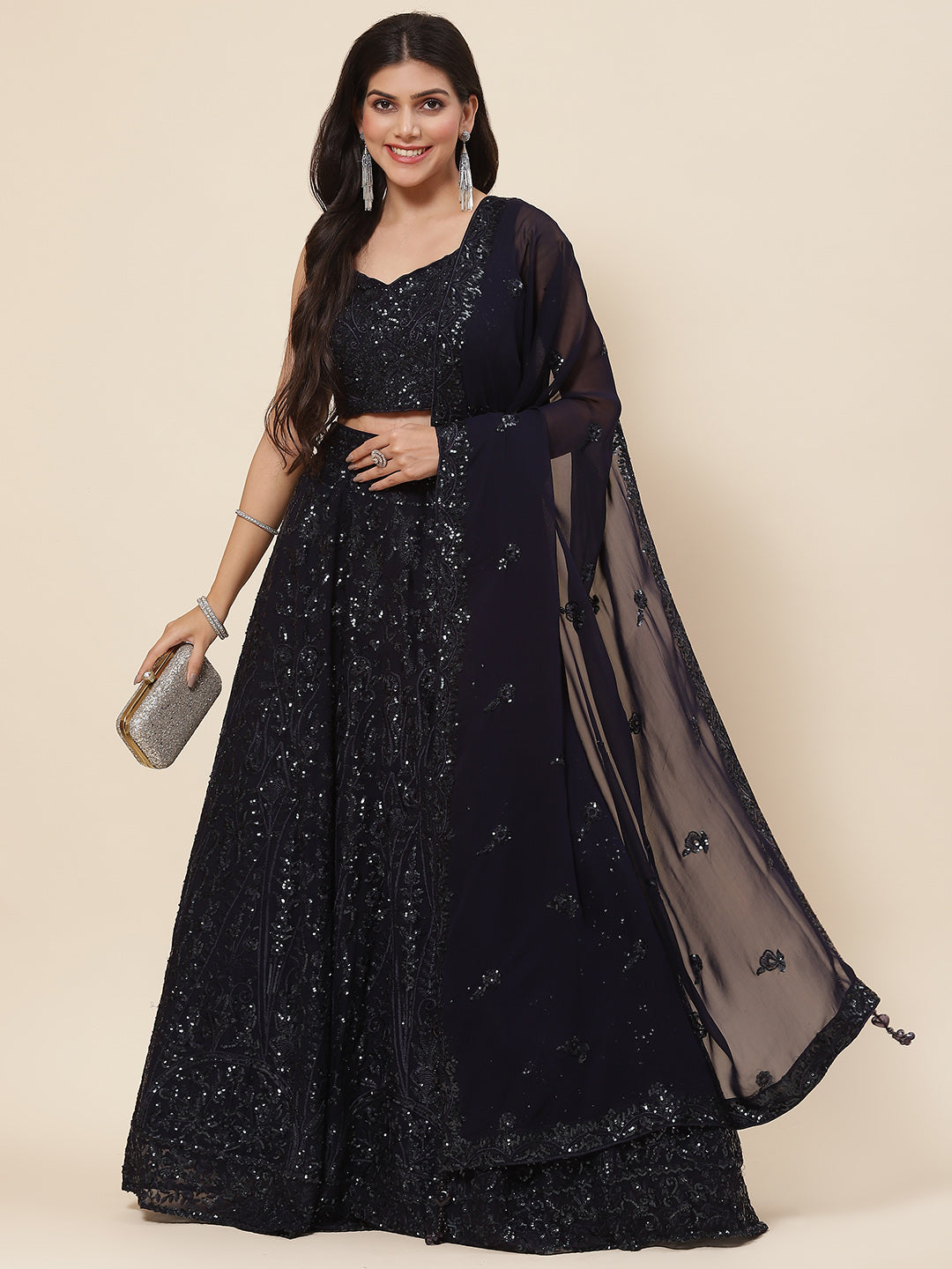 Sequin Resham Embroidered Georgette Choli With Lehenga &amp; Dupatta