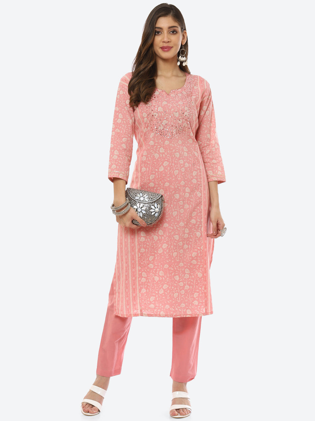 Mirror Work Printed Cotton Kurta With Pant