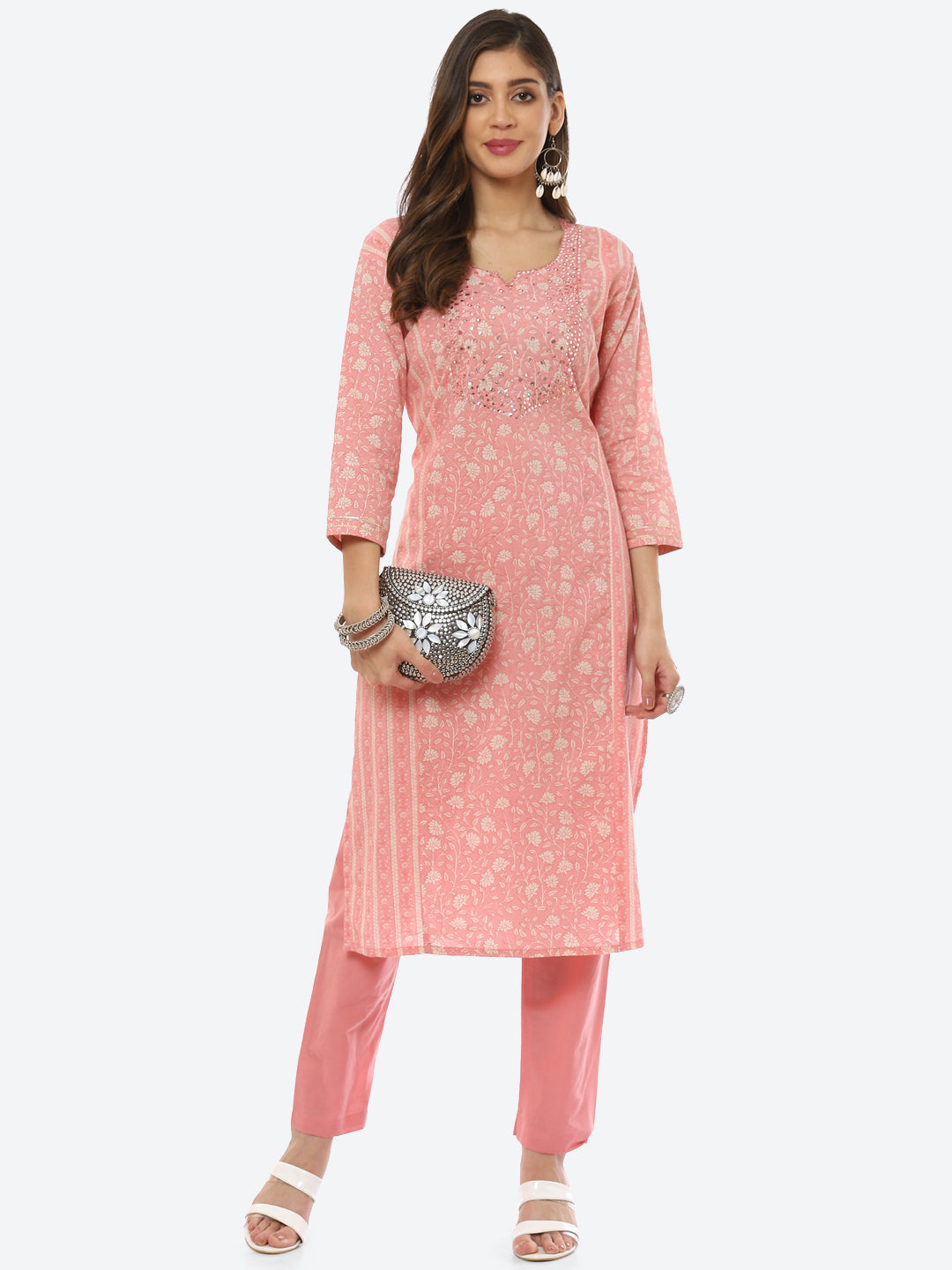 Mirror Work Printed Cotton Kurta With Pant