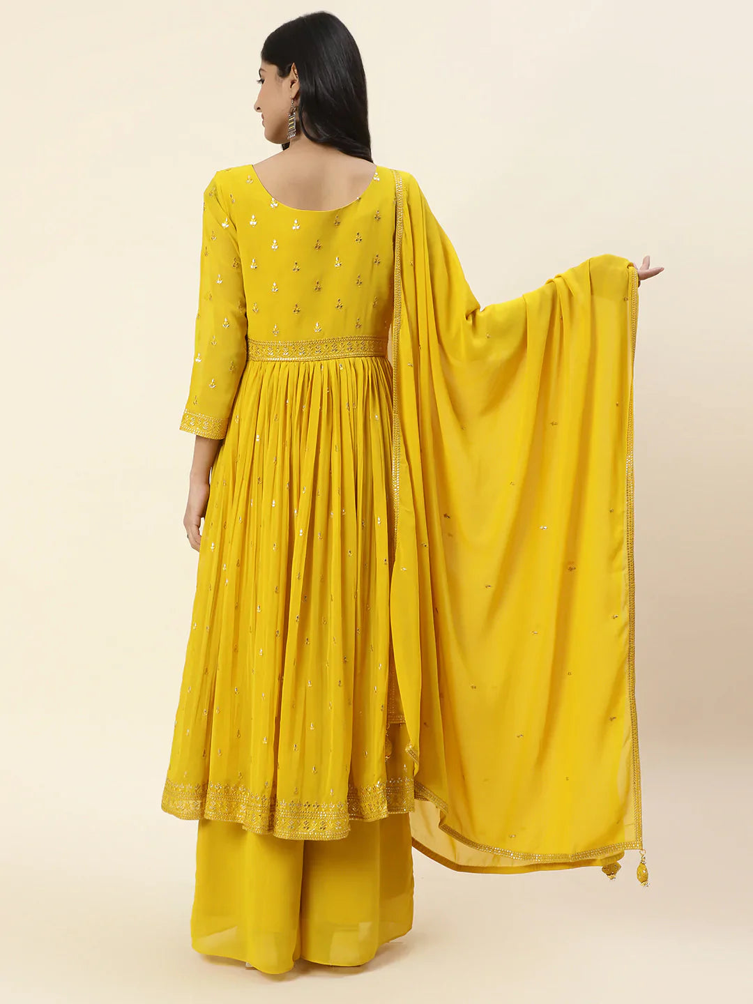 Resham Sequin Embroidered Georgette Kurta With Palazzo &amp; Dupatta