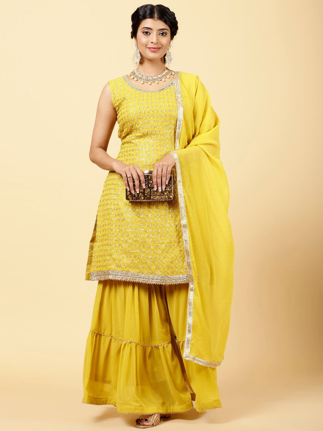Sequin Embroidered Georgette Kurta With Garara &amp; Dupatta