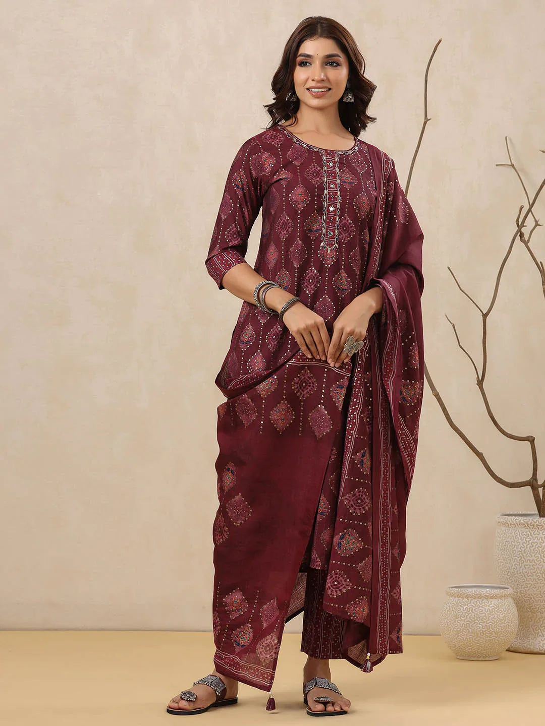 Block Printed Muslin Kurta With Pants &amp; Dupatta