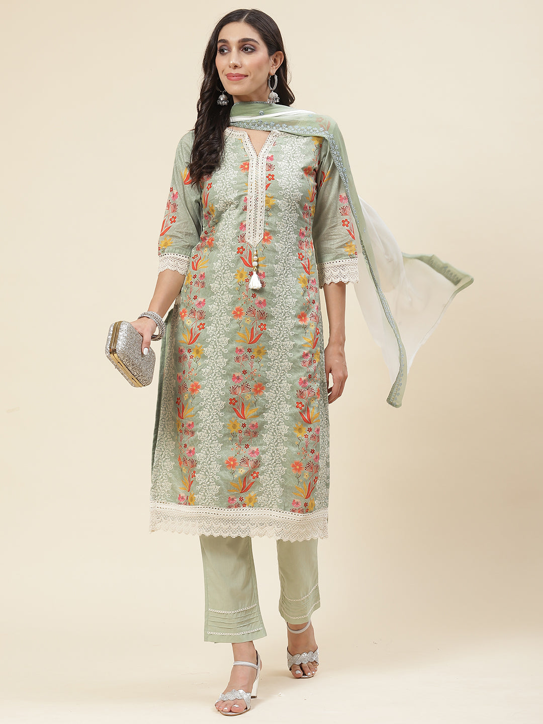 Floral Printed &amp; Embroidered Cotton Kurta With Pants &amp; Dupatta