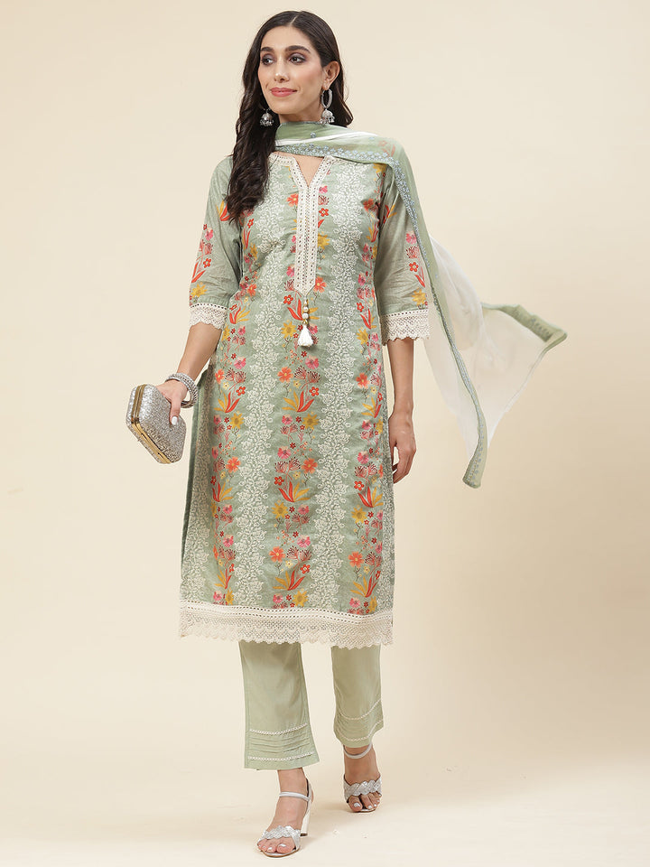 Floral Printed &amp; Embroidered Cotton Kurta With Pants &amp; Dupatta