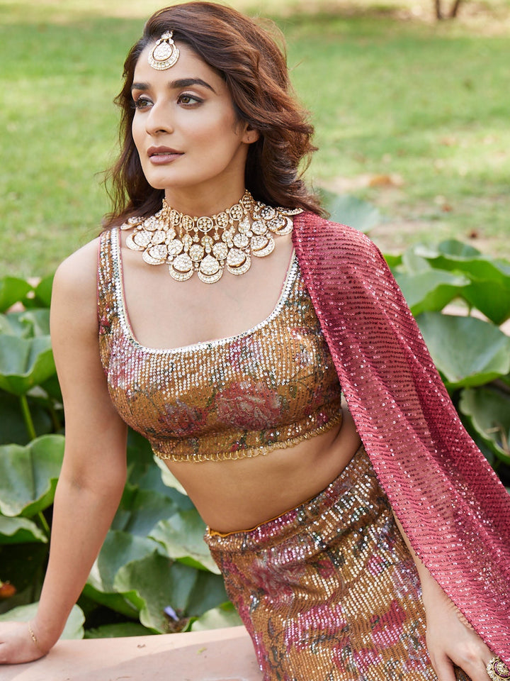 Floral Sequin Net Choli With Lehenga &amp; Net Dupatta