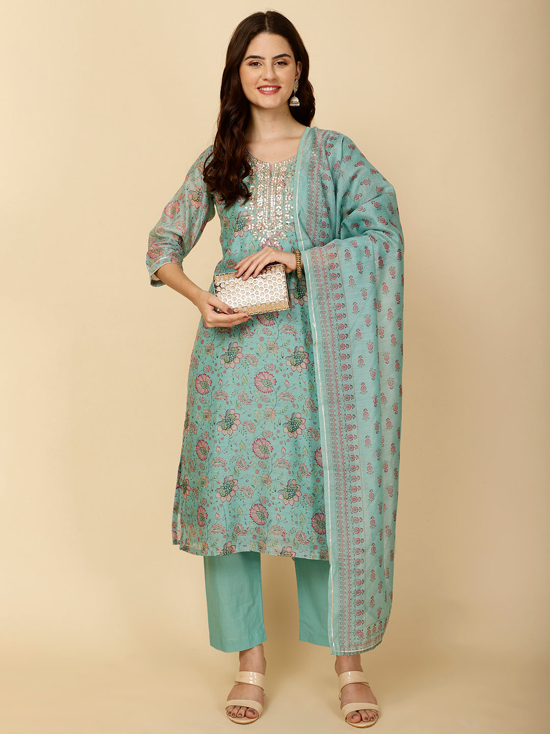 Floral Printed Chanderi Kurta With Pants & Dupatta