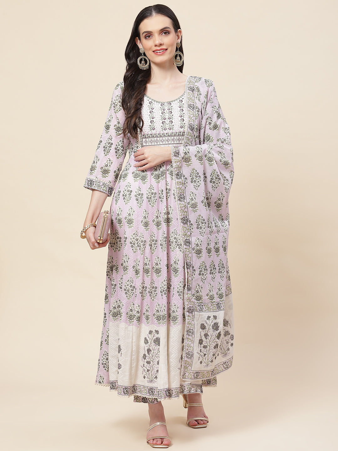 Floral Printed Cotton Kurta With Pants &amp; Dupatta