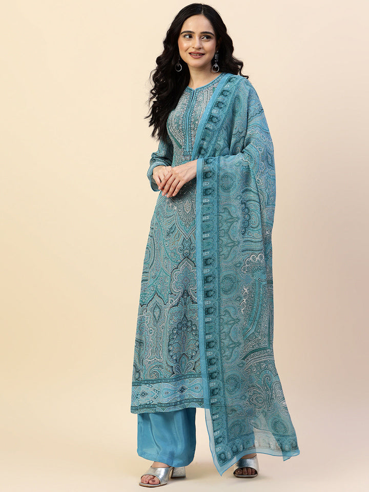 Digital Printed Crepe Kurta With Palazzo &amp; Dupatta