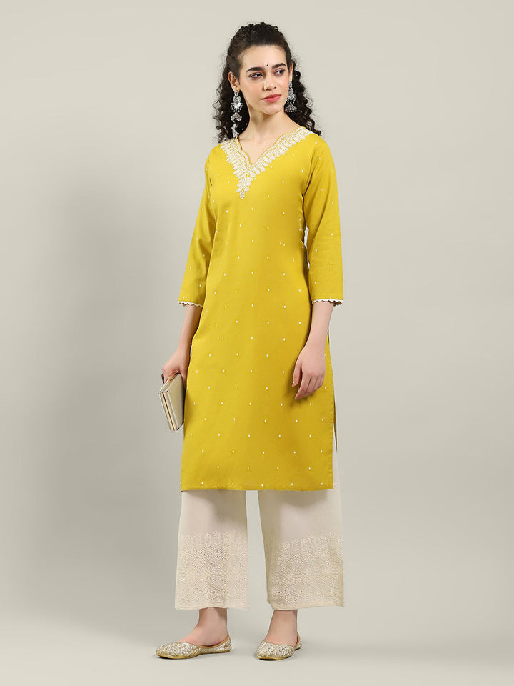 Neck Embroidered Cotton Blend Kurta With Palazzo