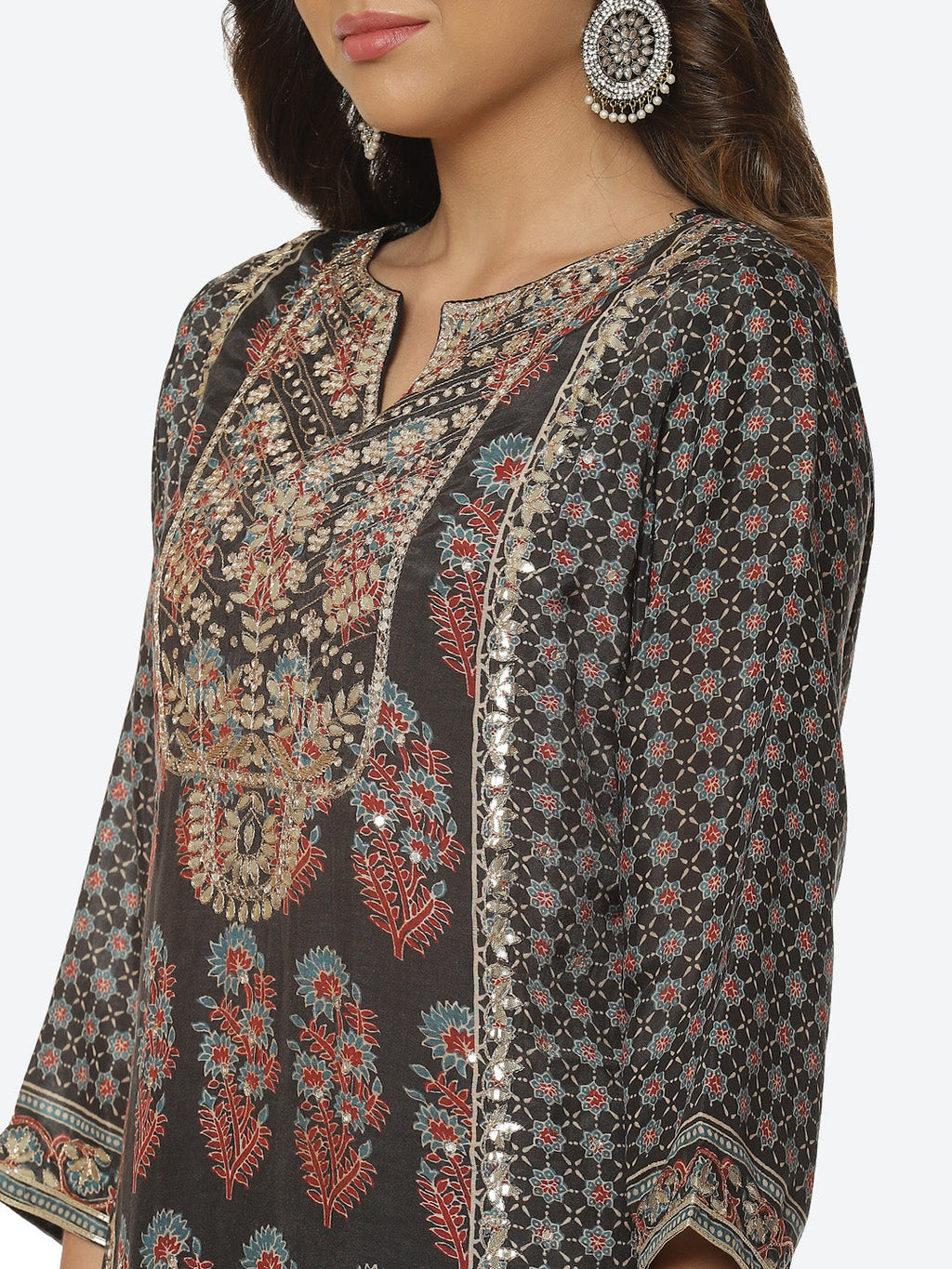 Gota Neck Printed Cotton Kurta With Garara & Dupatta