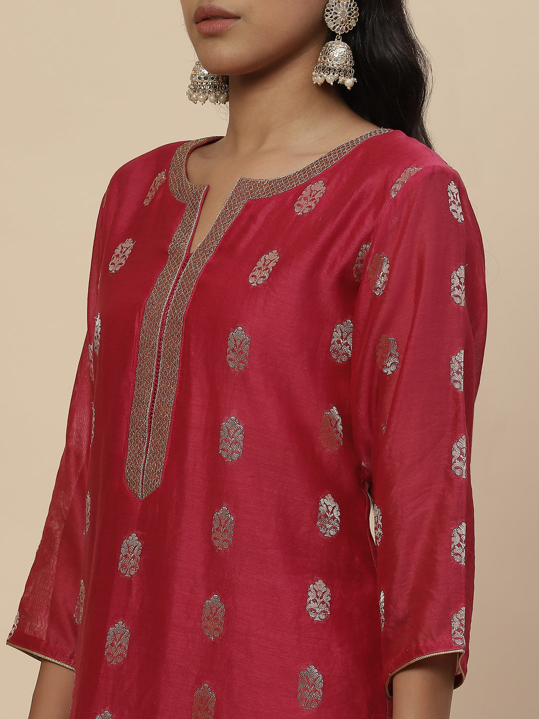 Zari Booti Cotton Kurta With Pants &amp; Dupatta