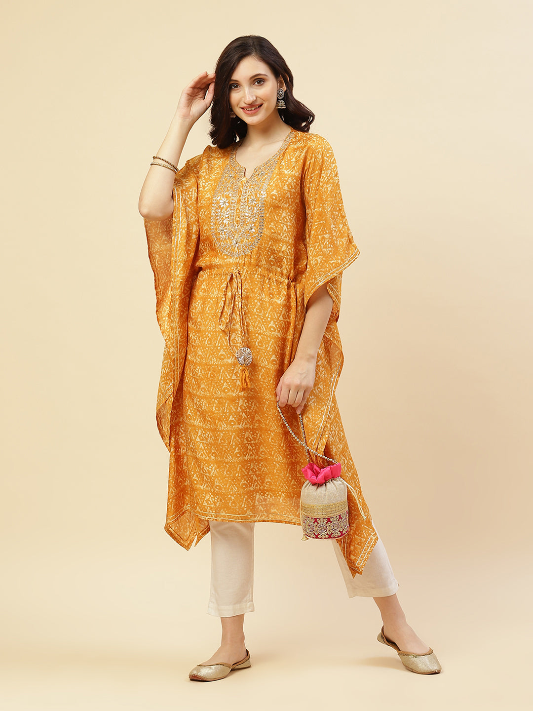 Gota Work &amp; Printed Cotton Kaftan