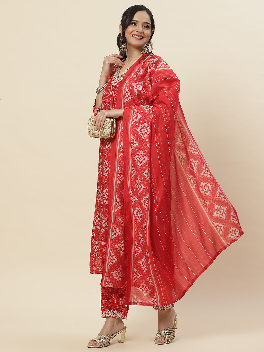 Floral Printed Cotton Kurta With Pants &amp; Dupatta