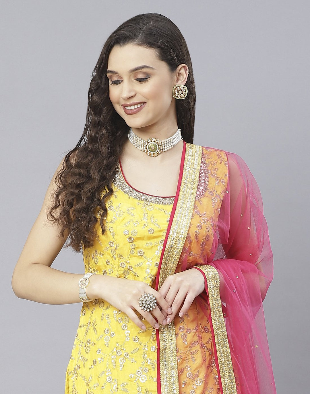 Mustard and Rani Handloom Dupion Salwar Kameez