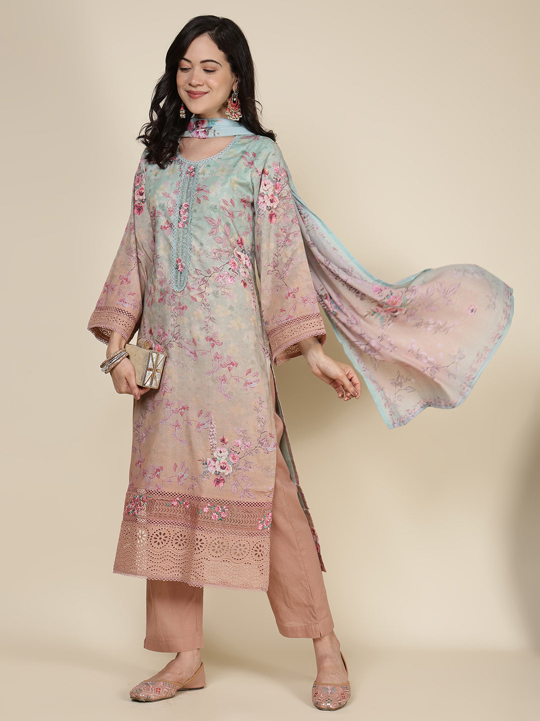 Printed Cotton Blend Kurta With Pants &amp; Dupatta
