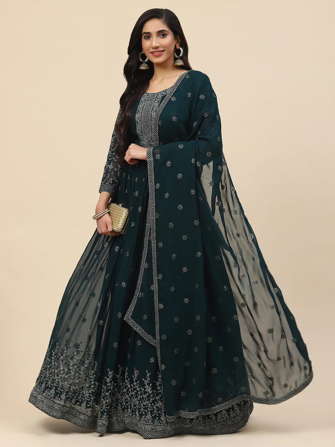 Resham Embroidered Georgette Kurta With Churidar &amp; Dupatta