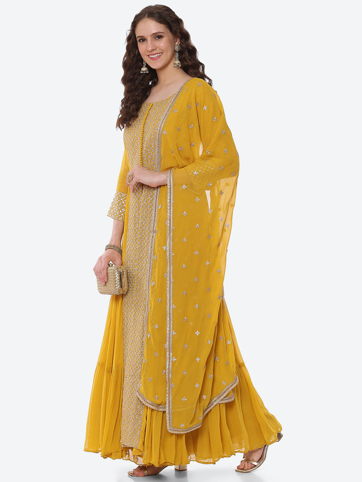 Zari Booti Neck Embroidered Georgette Kurta With Palazzo &amp; Dupatta