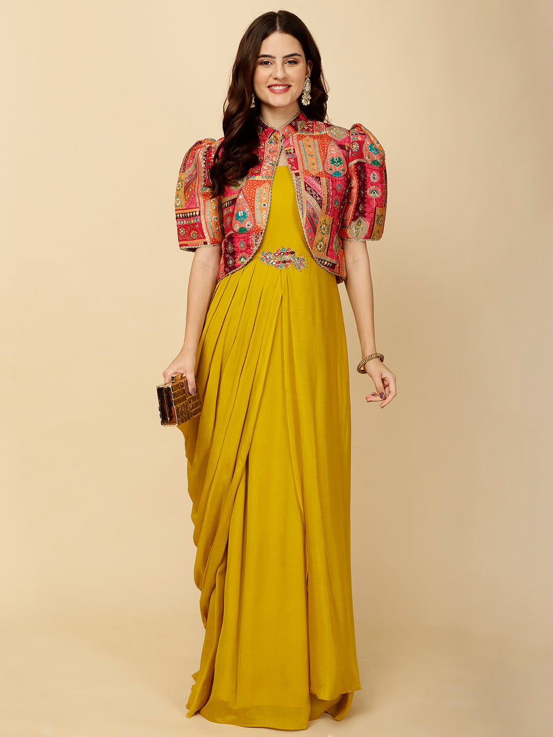 Plain Crepe Gown Dress With Jacket