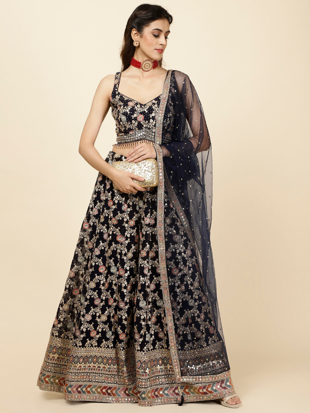 Zari Embroidered Georgette Crop Top With Palazzo &amp; Dupatta