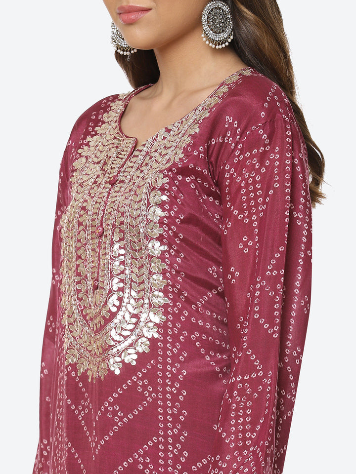 Printed Gota Neck Cotton Kurta With Palazzo &amp; Dupatta