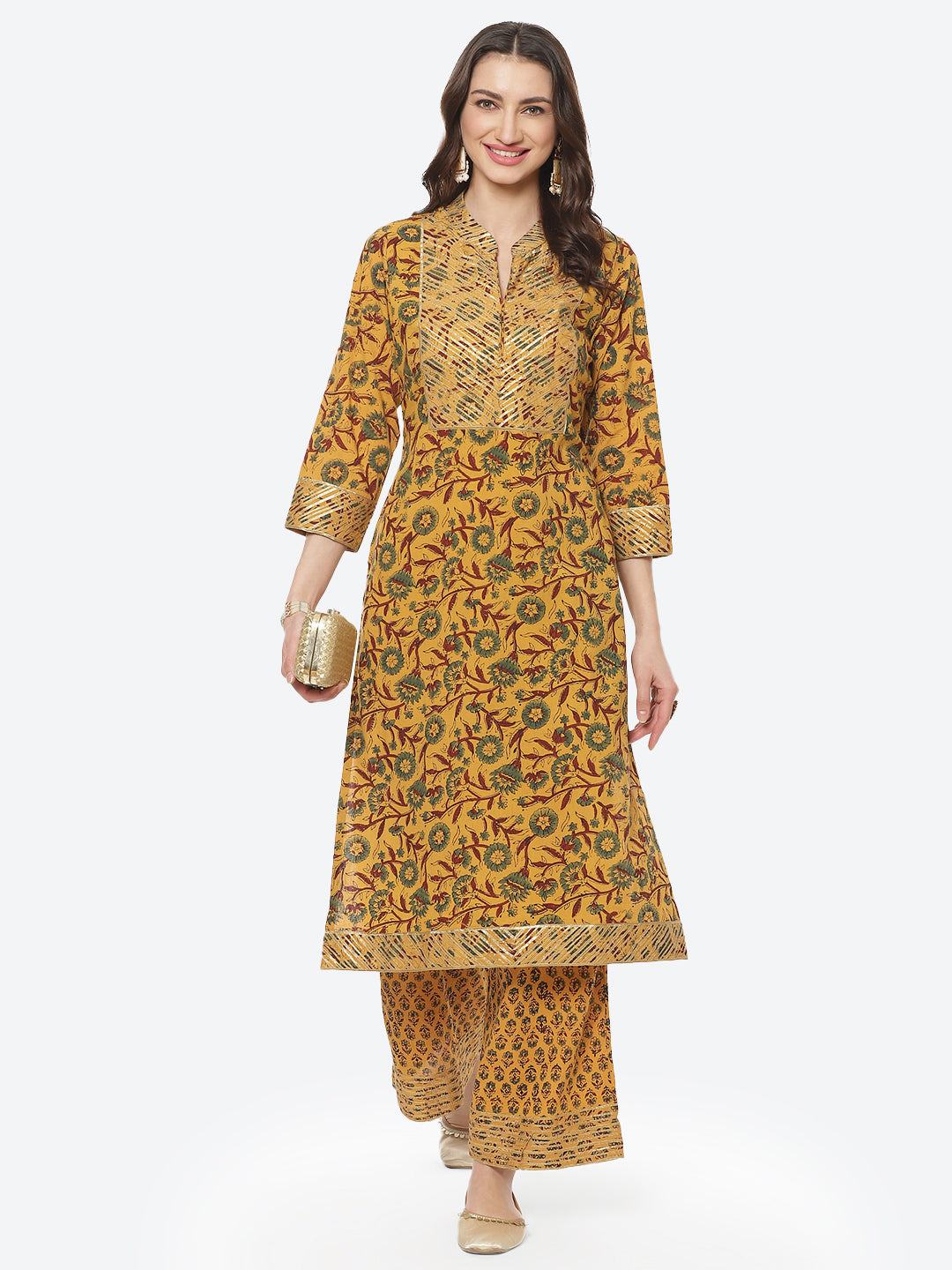 Printed Gota Neck Work Cotton Kurti With Palazzo