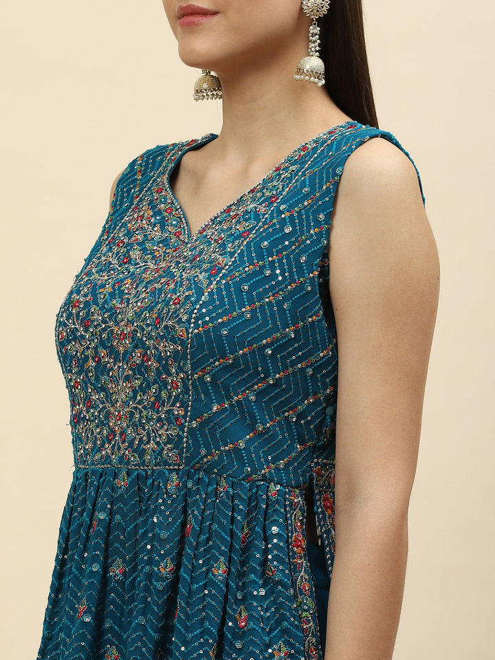 Sequin Embroidered Georgette Peplum Choli With Lehenga &amp; Dupatta
