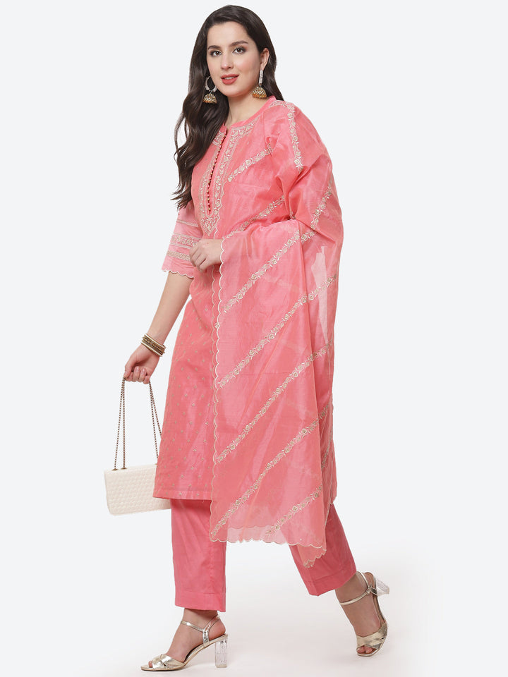 Resham Jaal Cotton Chanderi Stitched Salwar Kameez With Embroidered Dupatta