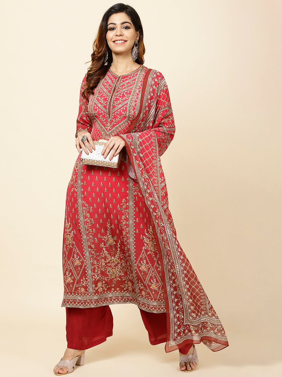 Floral Digital Print Crepe Kurta With Palazzo &amp; Dupatta