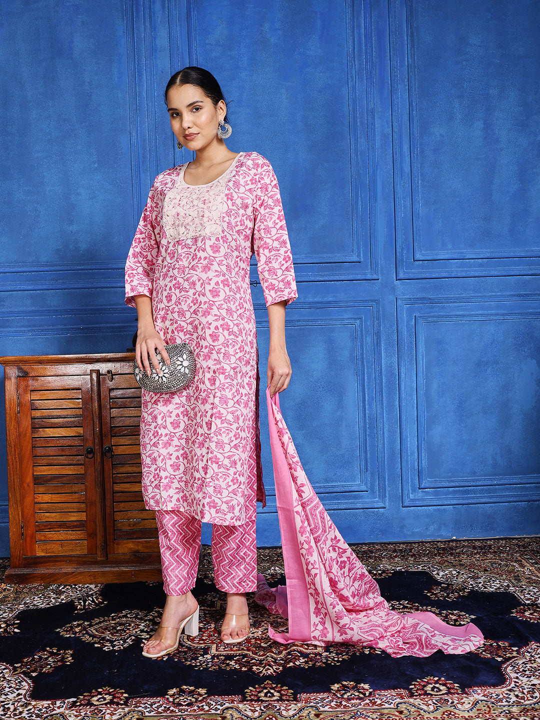 Printed Cotton Blend Kurta With Pants &amp; Dupatta