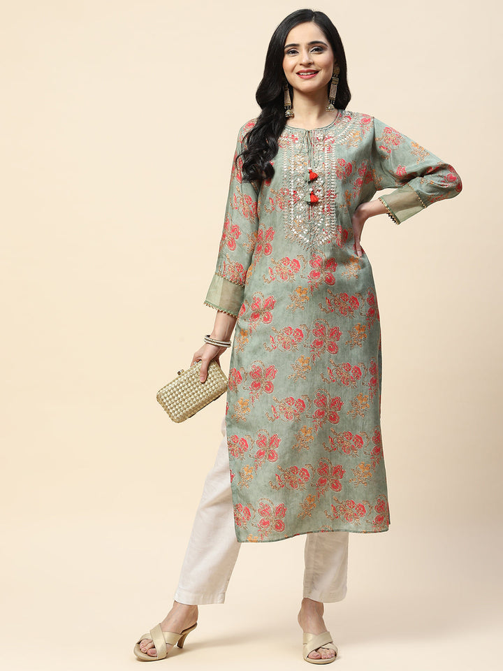 Printed With Yoke Embroidered Muslin Kurta
