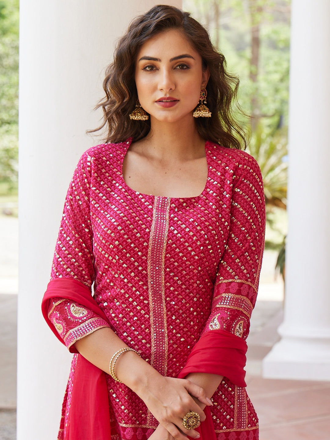 Sequin Georgette Kurti With Sharara &amp; Net Dupatta