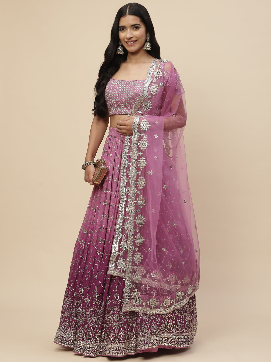Sequin Embroidered Georgette Lehenga With Choli &amp; Net Dupatta