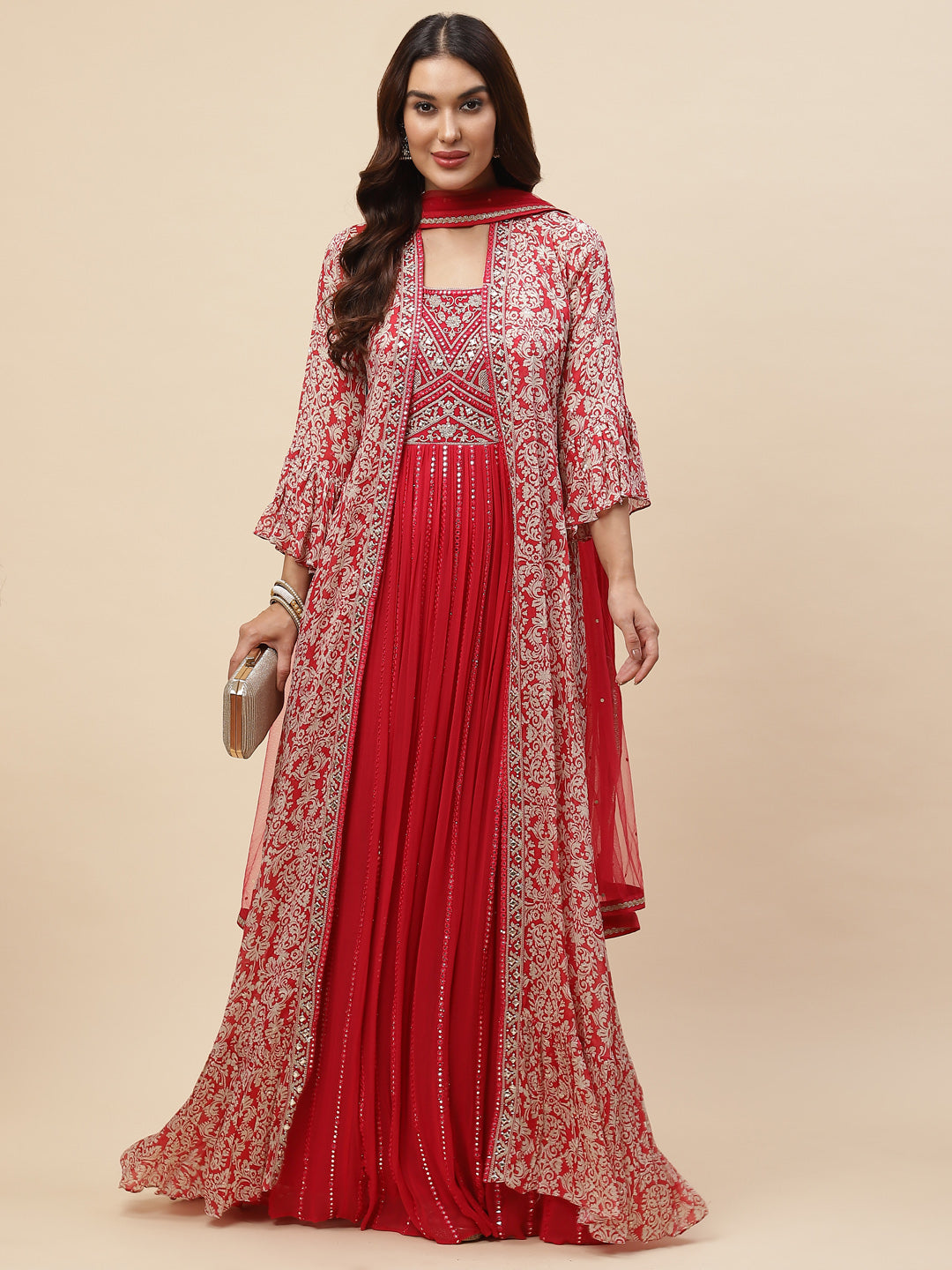 Neck Embroidered Georgette Gown With Jacket &amp; Dupatta