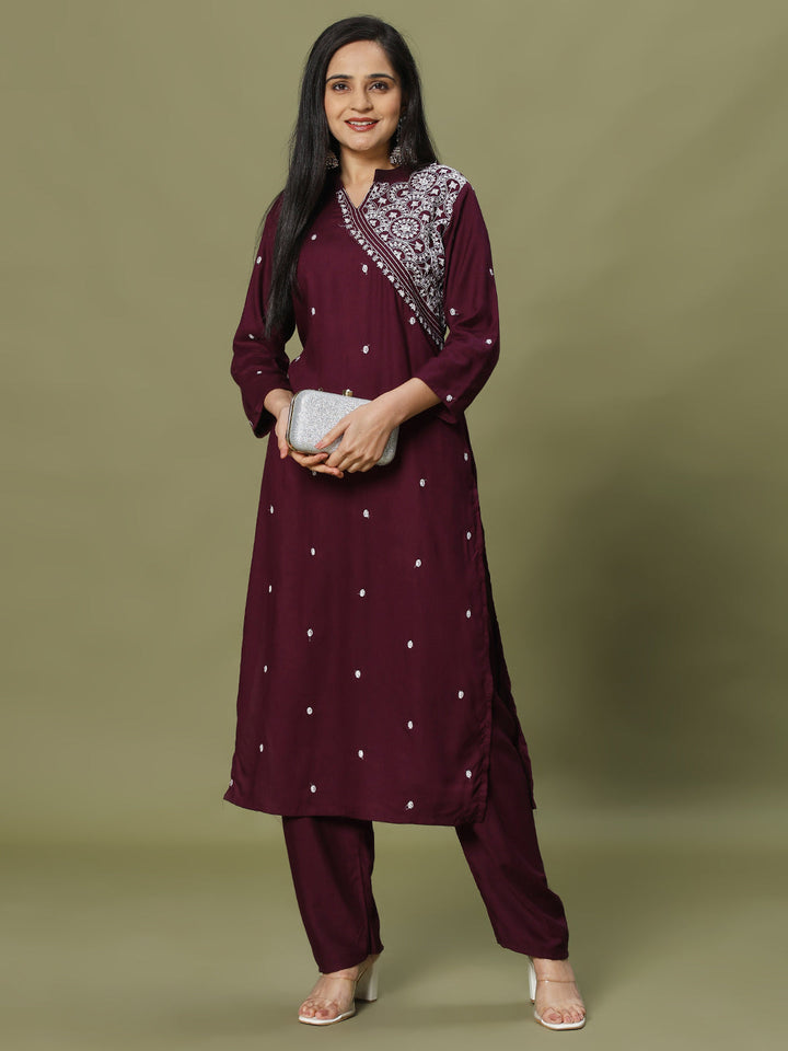 Resham Embroidery Cotton Blend Kurta With Pants
