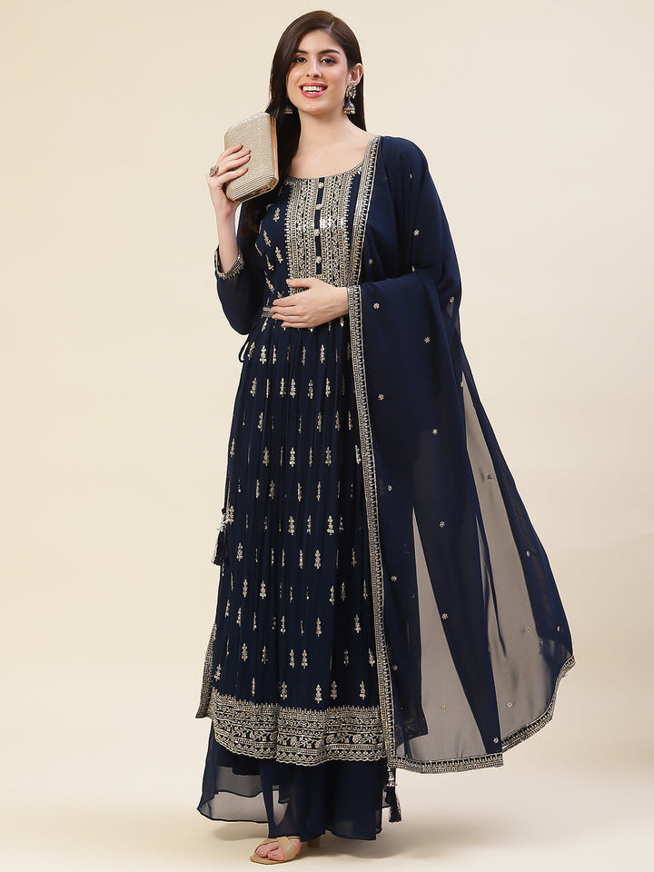 Resham Sequin Booti Georgette Kurta With Palazzo &amp; Dupatta